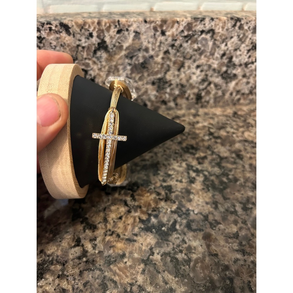 Gold Tone Wire Wrapped Bangle Bracelet Crystal Cross Charm Clear Stones